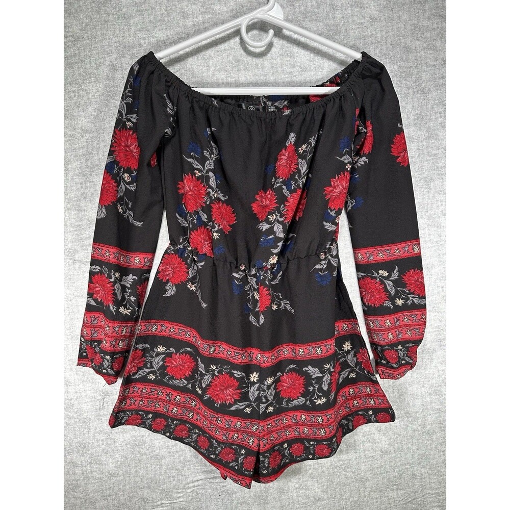 Missguided Romper Womens 0 Black Red Floral Long Sleeve Short 2” Inseam